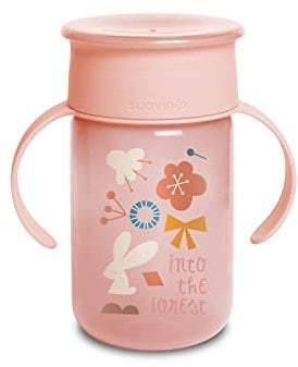 Suavinex, Vaso Aprendizaje Bebé, Vaso 360 con sistema Antiderrame y Antigoteo, con Asas y Tapa, para Bebés +12 Meses, Apto para Lavavajillas, 340 ml, Rosa