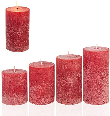 Candelo 4er Set Rustik Kerzen Ambiente Weihnachten - Adventskranz Kerze Rustic - Rot/Red - 8/10/12/14cm - rote Stumpenkerze Advent Weihnachtskerze Ohne Duft