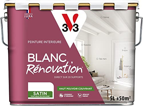 V33 Peinture blanche mur et plafond satinée - multi-supports - monocouche - BLANC RENOVATION®, 5L