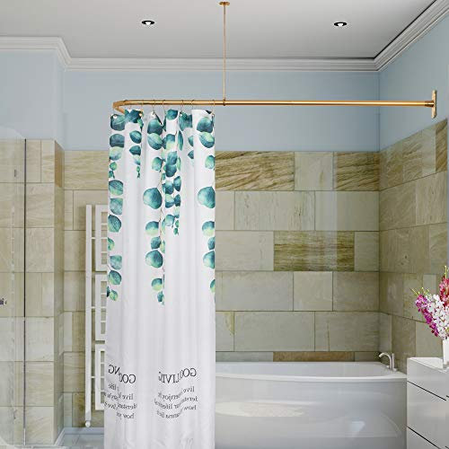 Artiwell L-förmige Duschvorhangstange, Badezimmer, Badewanne, Eck-Duschvorhangstange mit Deckenstütze (Satin-Gold/Messing)