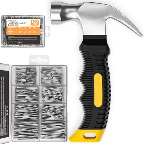 INCLY 620 PCS Small Nails for Hanging Pictures Assortment Kit with 8oz Small Yellow Hammer, Claw Hammer with Hardware Nails Assorted Set 310 Wall Nails & 310 Finish Nails for Installing with Case