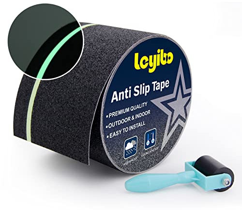 Anti Slip Tape with Glow in Dark Stripe for Stairs, 4”x35ft, Grip Tape for Stairs Steps with Roller for Outdoor/Indoor, Waterproof Non Slip Strips for Stair Treads, High Traction, Easy to Install