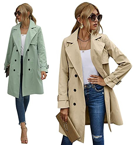 Dazzerake Mantel Damen Trenchcoat Winddichter Jacke Herbst FrÜHling Lang Frauen Cabanjacke Elegant Outdoor Übergangsmantel Übergangsjacke Zweireiher Langer Klassische Puffer Jacke (B Khaki, M)