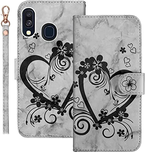 AOSBUTURY Handyhülle Tasche Book Cove für Samsung Galaxy A40 (5.9 Zoll) Hülle Blume Liebe Herz Muster Marmor PU Leder Klapphülle Brieftasche Schutzhülle Etui Flip Case,Schwarz