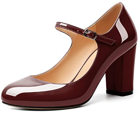 AUMOTED Donne Décolleté Mary Jane Chunky Block Tacco Medio Stretto Punta Tonda Cinturino alla Caviglia Scarpe Eleganti Festa da Sposa 8.5CM Pelle Verniciata Burgundy EU36