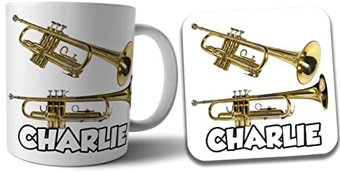Personalisierte Trompeten-Tasse und Untersetzer, Geschenk-Set