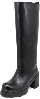 QUEEN HELENA Stivali Alti di Pelle con Tacco Plateau Biker Invernali Donna QH22L291 (Nero, numeric_37)