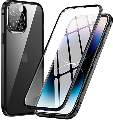 MIMGOAL for iPhone 14 Pro Magnetic Case 360 Degree Full Body Cover, Front and Back Tempered Glass Transparent Cover, Shockproof Protective Metal Bumper [Built-in Camera Protector], Black
