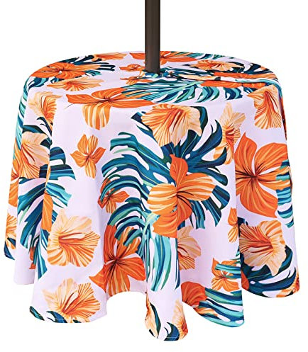 Eternal Beauty Mantel impermeable redondo de 152 cm con diseño de flores naranjas para interiores y exteriores, con agujero para paraguas y cremallera, jardín, fiesta y barbacoa (60 pulgadas)