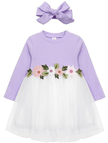 AGQT Vestiti per Neonate tutù in Tulle Ricamato Abito da Bambina a Maniche Lunghe Abito a Fiori per Matrimonio Festa di Compleanno Viola Chiaro 12-18 Mesi