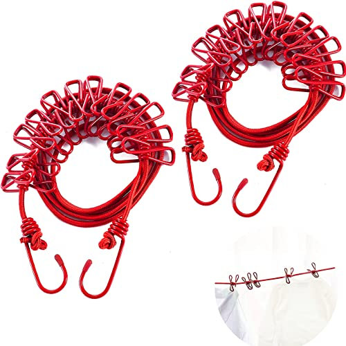 2 Stücke Wäscheleine Camping, mit 12 Clips, 180-360 cm, Einziehbare Reisekleidungslinie, elastische Kleidungslinie, Rot