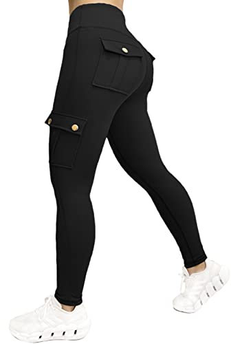 Nuofengkudu Damen Sport Cargo Leggings mit Taschen High Waist Stretch Cargohose Eng Hosen Push up Sportleggins Stretch Jeggings Gym Fitness Outdoor Workout Sporthose Y-Schwarz 3XL
