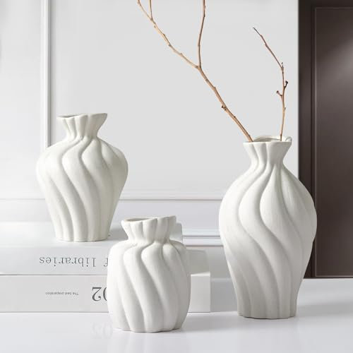ComSaf Vase 3er-Set, Vasen Deko, Blumenvase Modern Set, Badezimmer Deko Bad, Boho Flur Dekoration Vase Beige Matt, Grosse Kleine Vasen Keramik für Home Tischdeko mit Blume, Pampasgras, Trockenblumen