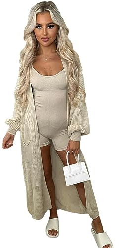 eyes Longline Balloon Sleeve Knitted Cardigan Plain Baggy Oversized Bubble Chunky Pockets Casual Winter Sweater Coatigan Boyfriend Cardigans for Women Jumper UK 8-20 (Beige)