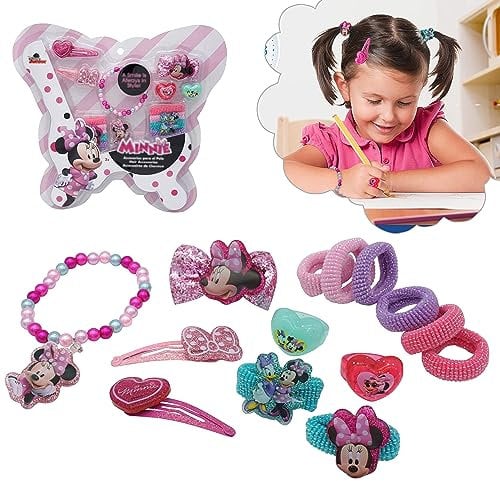 14PCs Minnie Mouse Hair Accessories Set, Christmas Beads Bracelet, Rings, Hair Ties with Charms, Xmas Hair Clips and Alligator Bow Clip, Girls Gift for Christmas 3+Y