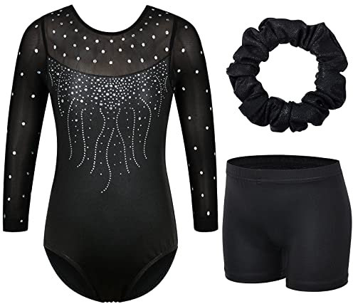 ZNYUNE Mädchen Gymnastikanzug 3er Set Kinder Glänzende Turnanzug mit Strasssteine B272 Black 16A