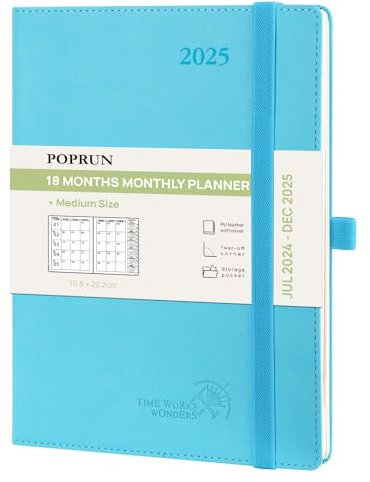 POPRUN Kalender 2025 Monatsplaner A5 (Jul.2024 - Dez.2025) - 18 Monate Monatskalender Softcover 22 x 16,5 cm - 1 Monat 4 Seiten, mit PU-Leder, 100 GSM Papier - Blaugrün