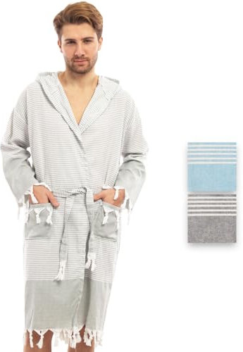 Bademantel aus Hamamtuch, Saunatuch, für Herren, für ultimativen Luxus, mit Gürtel & Kapuze - Langform Herren (L/XL, Khaki)