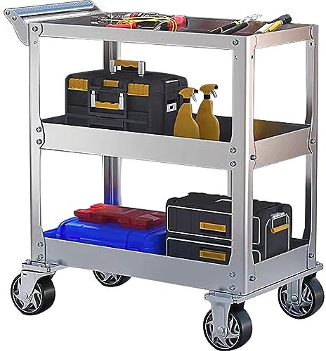 Carrello da Officina in Acciaio Inox, Carrello Porta Attrezzi a 3 Livelli con Capacità di 500 kg, Carrello da Lavoro con Ruote, Carrello per Montaggio per Garage, Officina e Magazzino, 78 x 46 x 92cm