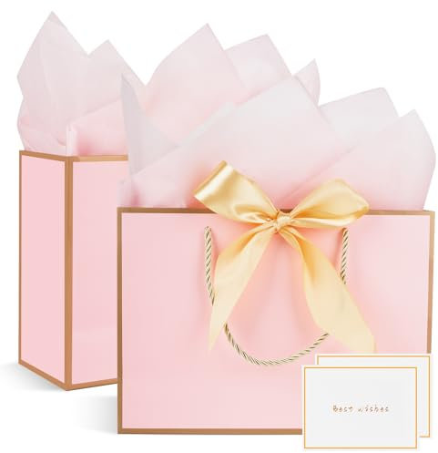 Lot de 2 sacs cadeaux en papier avec 2 mouchoirs et 2 cartes, sacs cadeaux avec poignées pour femmes, filles, demoiselles d'honneur, anniversaires, Saint-Valentin et fêtes de mariage