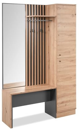 Garderobe in Eiche und grau, komplett Set Flurmöbel mit Spiegel, Kompaktgarderobe mit 3D-Lamellen, 122 x 190 cm, Industrial Design, Madem (122 cm)