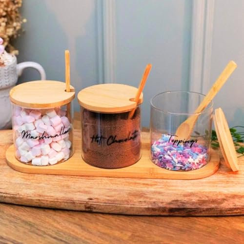 Marco Paul Tea Coffee and Sugar Canister Set - Set of 3 Decorative Kitchen Food Storage Hot Chocolate Station Set Glass Storage Jars with Spoons for Coffee Tea Sugar Hot Cocoa Powder Spices Herbs