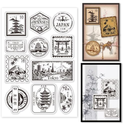 GLOBLELAND Herbst Japan Ticket Transparente Stempel für Scrapbooking Mount Fuji Postage Klare Stamps Ahornblätter Etiketten Silikonstempel Für Kartengestaltung DIY Prägung Journaling