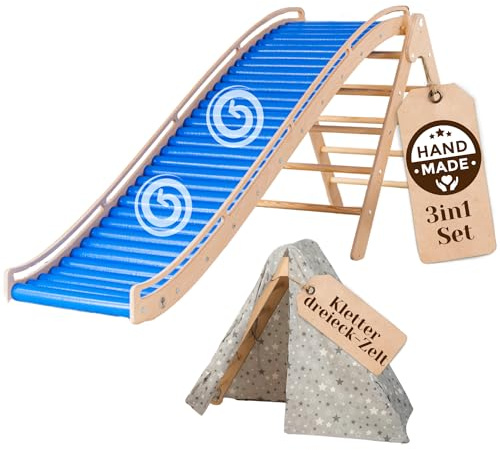 WoodsCraft 3in1 Wellenrutsche mit Kletterdreieck, Sprossenwand für Kinderzimmer & Kinderzelt Indoor | Rutsche Outdoor & Indoor | Kinderrutsche-Rollenrutsche | Kinder & Baby Rutsche für den Garten