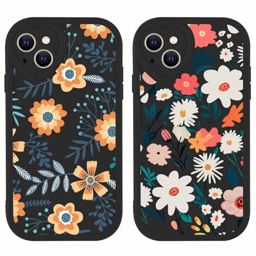 Olgary 2 Pezzi Cover per Apple iPhone 14 6,1, Fiore Foglie Lindo Disegno Custodia Motivo Aesthetic Cuore Morbida Silicone Cellulare Protection Carcasa per Donne Case