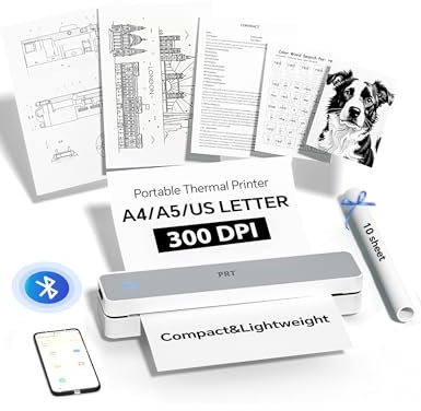 PRT Portable Printer Wireless for Travel, Inkless Bluetooth Compact A4 Mobile Thermal Printer, Compatible with iOS, Android, Laptop for Home Use, Office & Vehicles