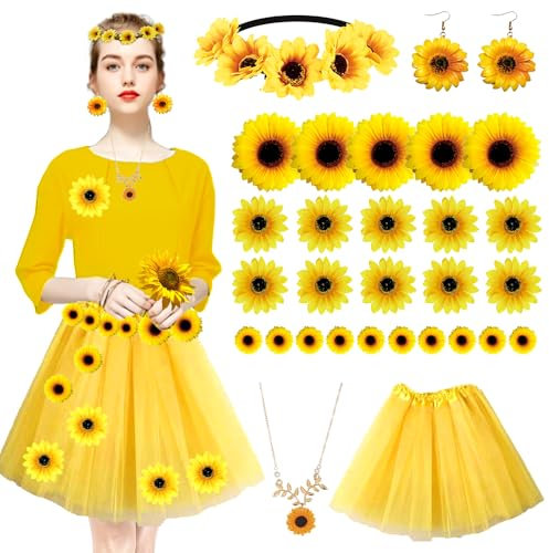 TUIBEIDAMAI Sonnenblumen Kostüm Damen,Blumen Kostüm Damen,Sonne Kostüm Damen,Mit Tüllrock,Sonnenblumen Stirnband Haarschmuck,Sonnenblumen baumeln Ohrring für Karneval Mottoparty Fasching Cosplay