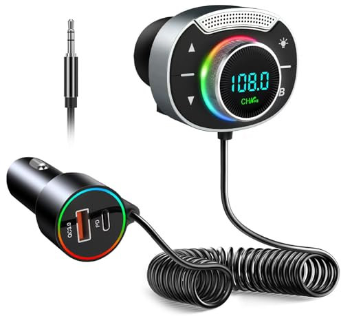 Bluetooth 5.3 Adapter Auto, FM Transmitter Mit PD 36W & QC3.0 18W Schnelles Autoladegerät, Unterstützt Freisprechen Hi-Fi Bass Boost und TF Karte