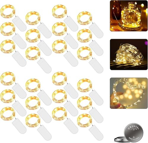 LED Lichterkette Batterie, 24 Stk 2M 20LED Micro Batterie-betrieben Kupfer Drahtlichterkette Warmweiß Weihnachtsbeleuchtung für Zimmer, Innen, Weihnachten, Außen, Party, Hochzeit, DIY(Warmweiß, 24er)