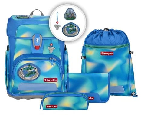 Step by Step Schulranzen-Set Cloud Flash „Ninja Zazu“ 5-teilig, blau, Schmetterling, ergonomischer Tornister mit Reflektoren, höhenverstellbar mit Hüftgurt für Jungen ab der 1. Klasse, 19L
