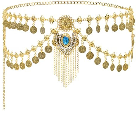 Pandalein Damen Gürtel Retro Taillengürtel Metall Kettengürtel Fransen Bauchtanz Gürtel Verstellbar Münzgürtel Hüftkette Taillenkette für Kleid Mantel Hemd (Gold)