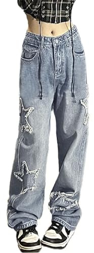 YINGWIN Star Jeans dam jeans Y2k jeans baggy boyfriend jeans dam, blå, L