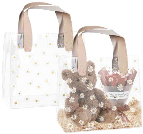 IETWATE 2 Stück Klare Geschenktüten, Durchsichtige Tasche mit Griffen, PVC Plastik Geschenktüten, Transparente Tasche mit Gänseblümchen-Muster für Hochzeit, Geburtstag und Party