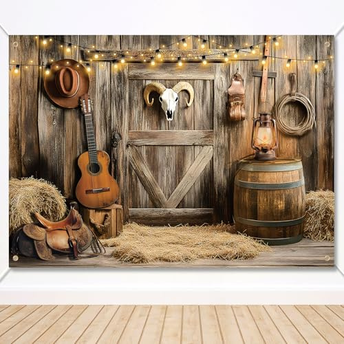 Toile de Fond Western Cowboy, 210x150cm Décorations Fête du Far West Maison Rustique Arrière-Plan Grange Bannière Décoration Rodéo Accessoires Photographie à Thème Western pour Anniversaire