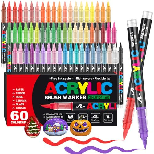 Gelanty Acrylic Paint Pens, 60 Colors Paint Markers with Flexible Brush Tip, Direct Liquid Acrylic Pens for Rock Painting, Ceramic, Wood, Glass