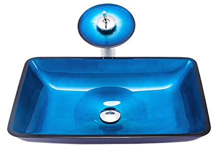 Aufsatzwaschbecken fürs Badezimmer, Blaues Glaswaschbecken, Aufsatzwaschbecken, Aufsatzwaschbecken, rechteckiges Badezimmerwaschbecken, Kunstwaschbecken mit Messing-Wasserhahn, P