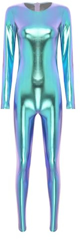Freebily Damen Metallic Body Space Alien Kostüm Jumpsuit Glänzend Gymnastik Ballett Trikot Tanzoverall Karneval Party Clubwear Ganzkörperanzug