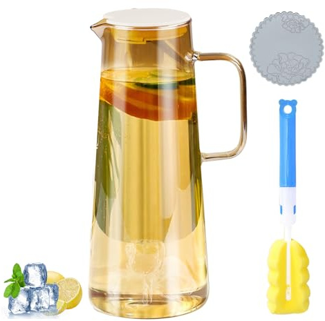 Glas Karaffe Wasserkaraffe mit Deckel 1800 ml, Glaskanne Hitzebeständig für selbstgemachte Getränke wie Limonade, Früchtetee und Sprudelwasser, Amberfarben