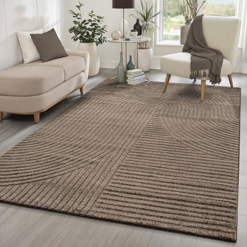 the carpet Everest - moderner Kurzflor Teppich Wohnzimmer Schlafzimmer mit Hoch-Tief-Effekt, 3D Effekt, hohe Flordichte und angenehm weich, Panglao Design, Braun, 140 x 200 cm