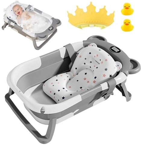 Baby Badewanne Faltbar, Faltbare Babybadewanne Mit Thermometer, Babybadewanne, Baby Badewanne Faltbar Wird Mit Badematte, Duschhaube Und 2 Kleine Gelbe Ente,Geburtsgeschenke FüR MäDchen & Jungen(Grau)