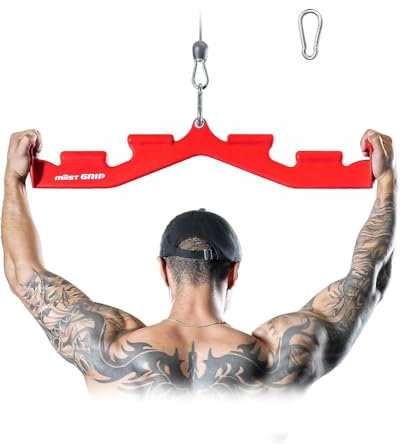 Lat Pull Down Bar - 6 Ergonomic Handles, Neutral Grip Attachment for Whole Back Training, Wide Grip Bar for Home Gym Cable Machine (Vermilion Red)