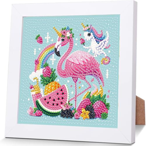 YarnWhimsy Flamingo Diamond Painting Kinder Mit Rahmen-Diamond Art Bilder Flamingos, Tiere Diamond Painting Kinder ab 4 6 8 10 Jahreals Geschenk für Home Wand Décor (18X18cm)