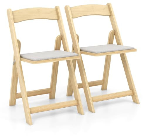 COSTWAY 2er Set Klappstuhl, Küchenstuhl mit gepolsterter Sitzfläche & Rückenlehne, bis 160 kg, Esszimmerstühle klappbar, Stuhl aus Holz, Essstühle für Esszimmer, Garten, Natur