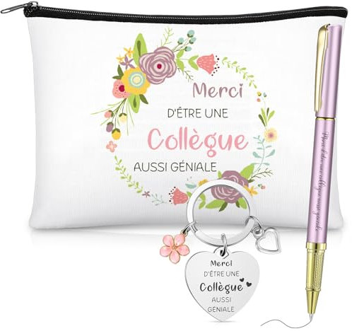 Xuniea Set de Cadeaux pour Collègue de Travail Femme Porte-Clés pour Collègue Trousse de Maquillage Stylo à Bille Pochette de Toilette Cadeau d'Adieu de Depart Retraite Anniversaire Noël(Fleur)
