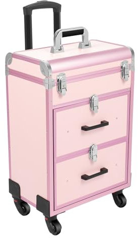 Kosmetikkoffer Trolley 3-Tier Schmuckschrank mit Rollen Make up Koffer für Friseure Visagisten bis 50 kg, Rosa