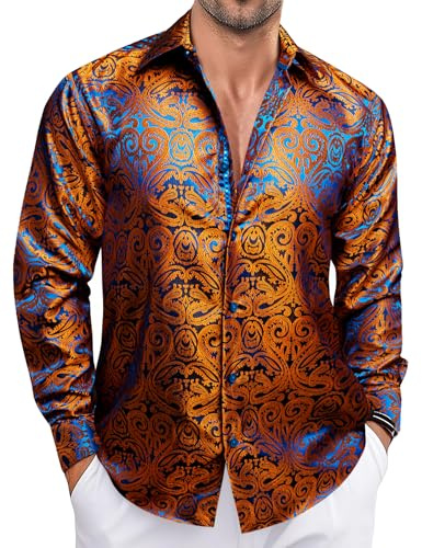 Ailisus Men's Orange Blue Silk Shirts Long Sleeve Paisley Vintage Button Down Dress Shirt Shiny Regular Fit Casual Tops for Party Prom Wedding